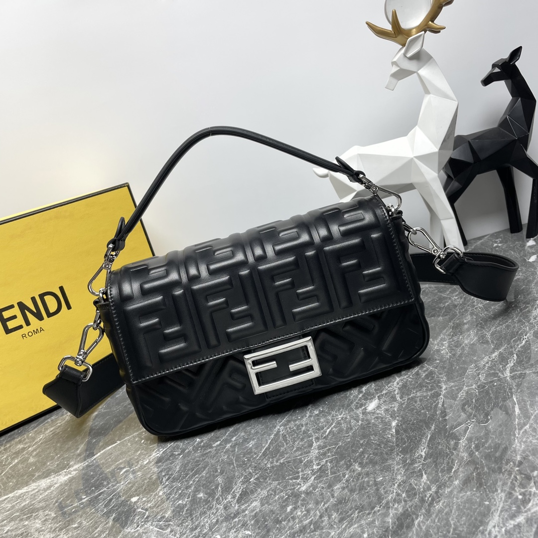 Fendi Medium Baguette Nappa Leather with FF Motif Shoulder Bag Black